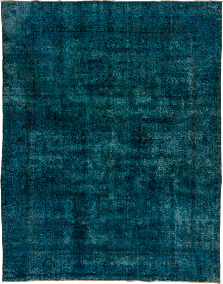 10' x 12' one-of-a-kind handmade vintage Overdyed large size rug. Color palette: teal, peacock, charcoal, slate, aqua, gray