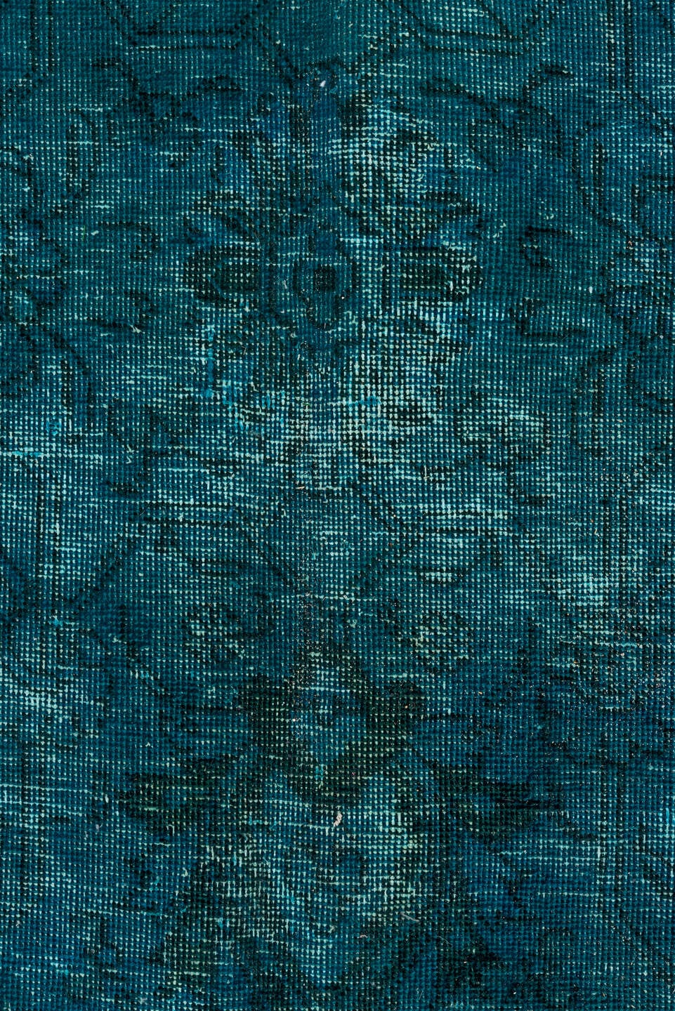 10' x 12' one-of-a-kind handmade vintage Overdyed large size rug. Color palette: teal, peacock, charcoal, slate, aqua, gray