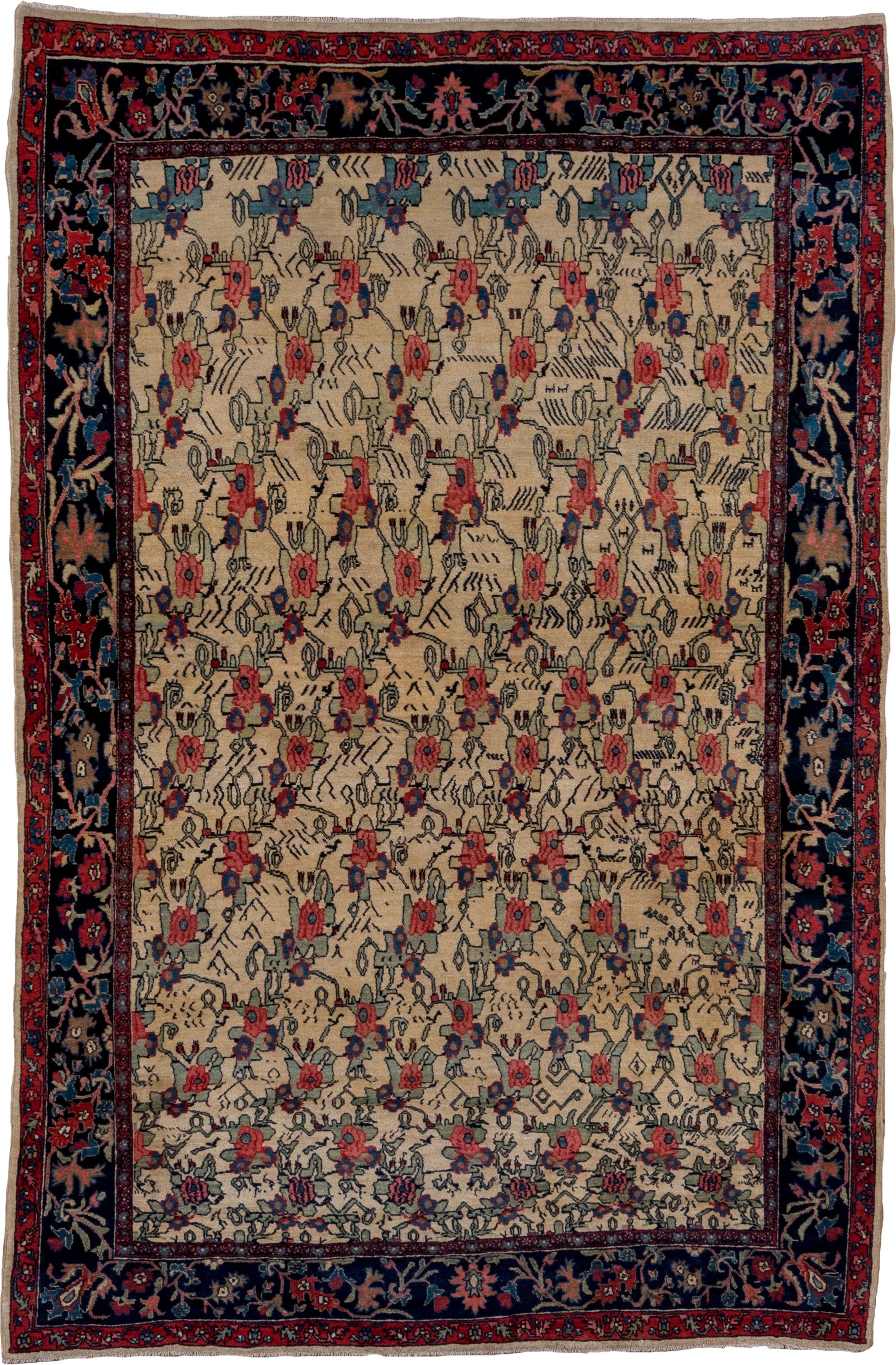4' x 7' one-of-a-kind handmade antique Bidjar rug. Color palette: ivory, navy, rust, crimson, slate, taupe, cobalt, blue