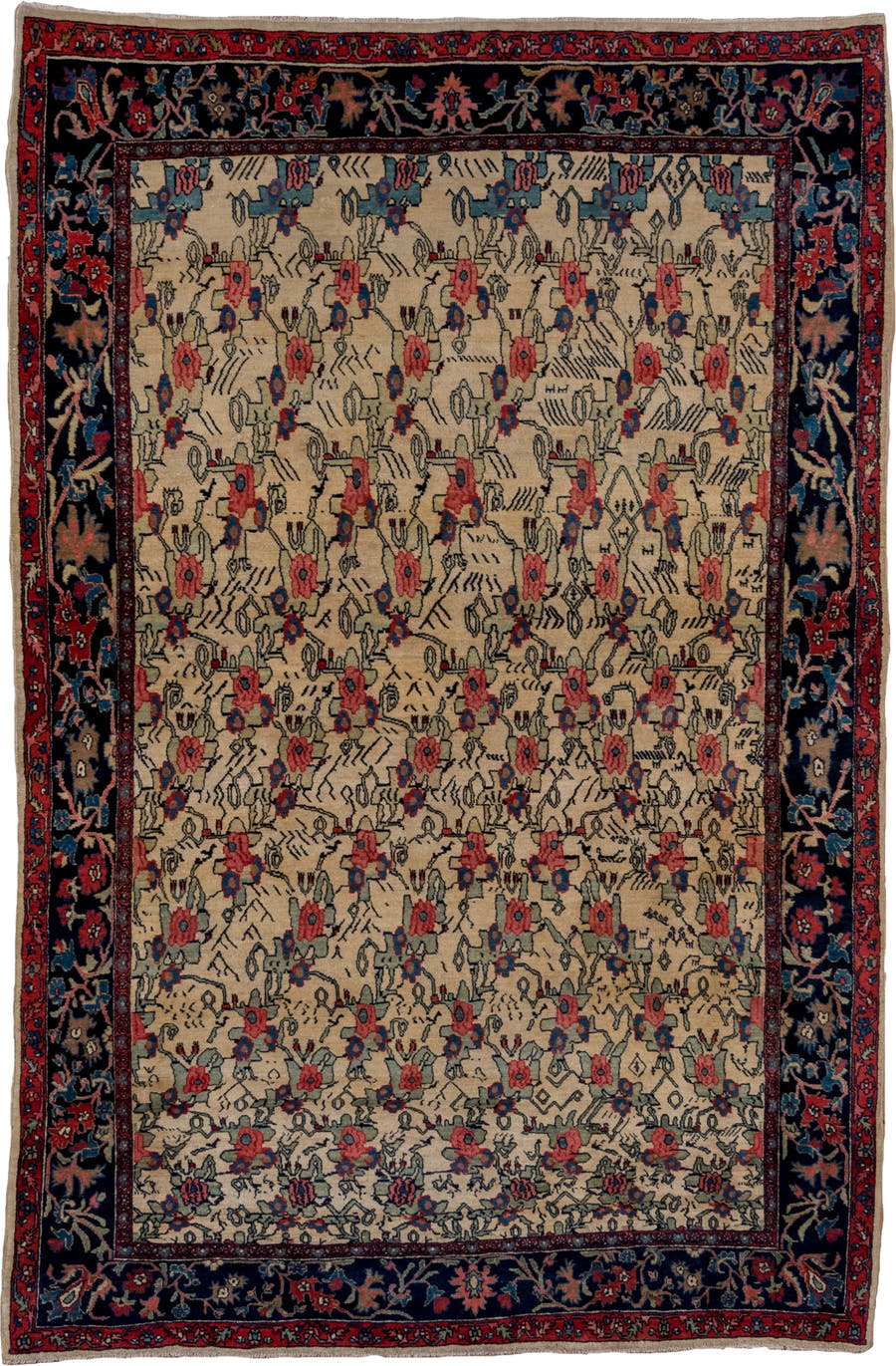 4' x 7' one-of-a-kind handmade antique Bidjar rug. Color palette: ivory, navy, rust, crimson, slate, taupe, cobalt, blue
