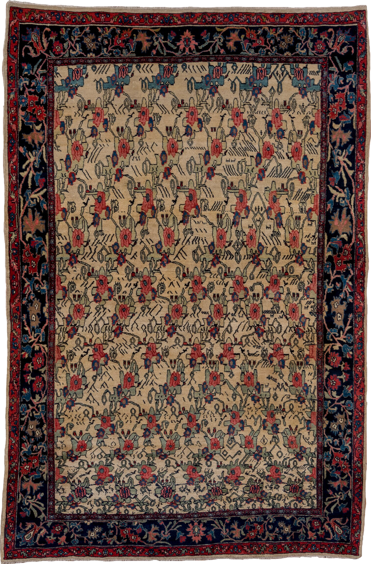 4' x 7' one-of-a-kind handmade vintage Bidjar rug. Color palette: arapawa, black, blue, brown, gray, off-white, pink, red