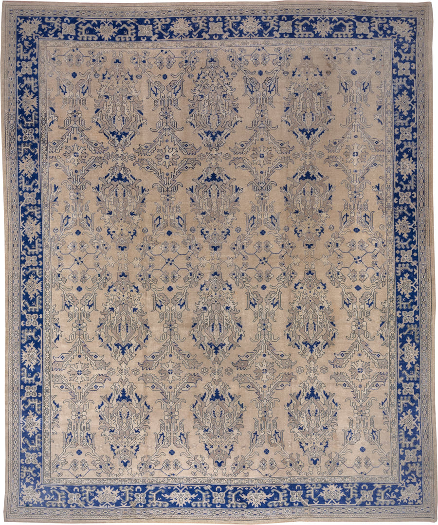 13' x 15' one-of-a-kind handmade antique Oushak oversize rug. Color palette: ivory, cobalt, beige, taupe, slate, blue, gray