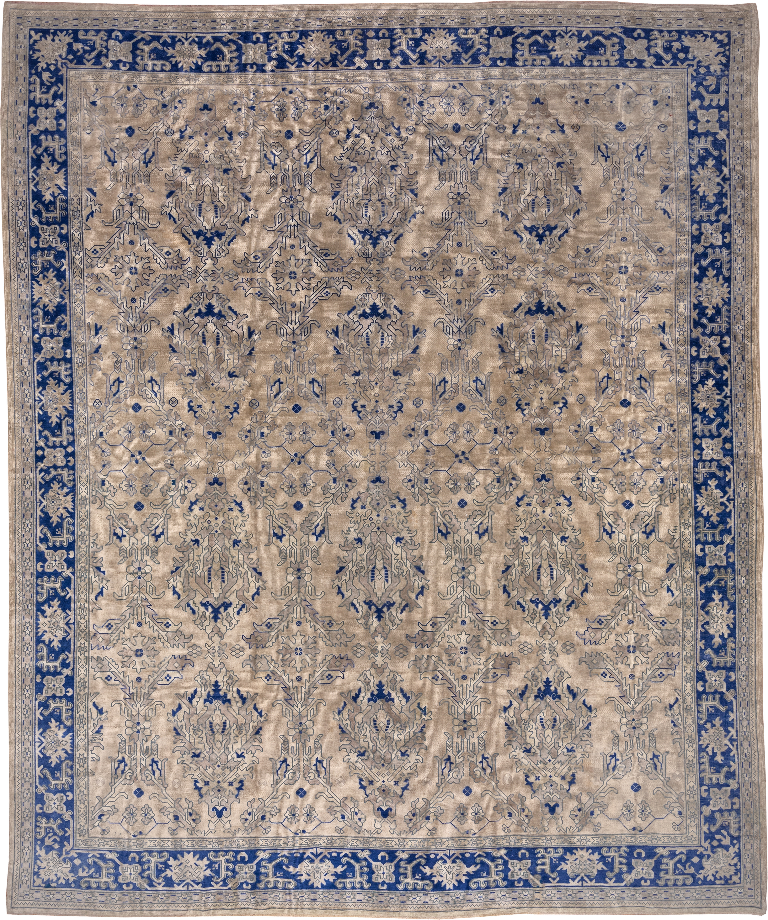 13' x 15' one-of-a-kind handmade antique Oushak oversize rug. Color palette: ivory, cobalt, beige, taupe, slate, blue, gray