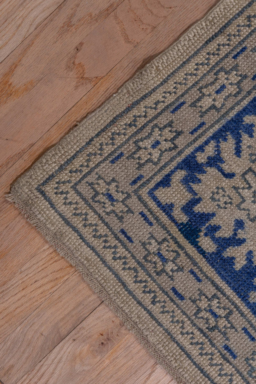 13' x 15' one-of-a-kind handmade antique Oushak oversize rug. Color palette: ivory, cobalt, beige, taupe, slate, blue, gray