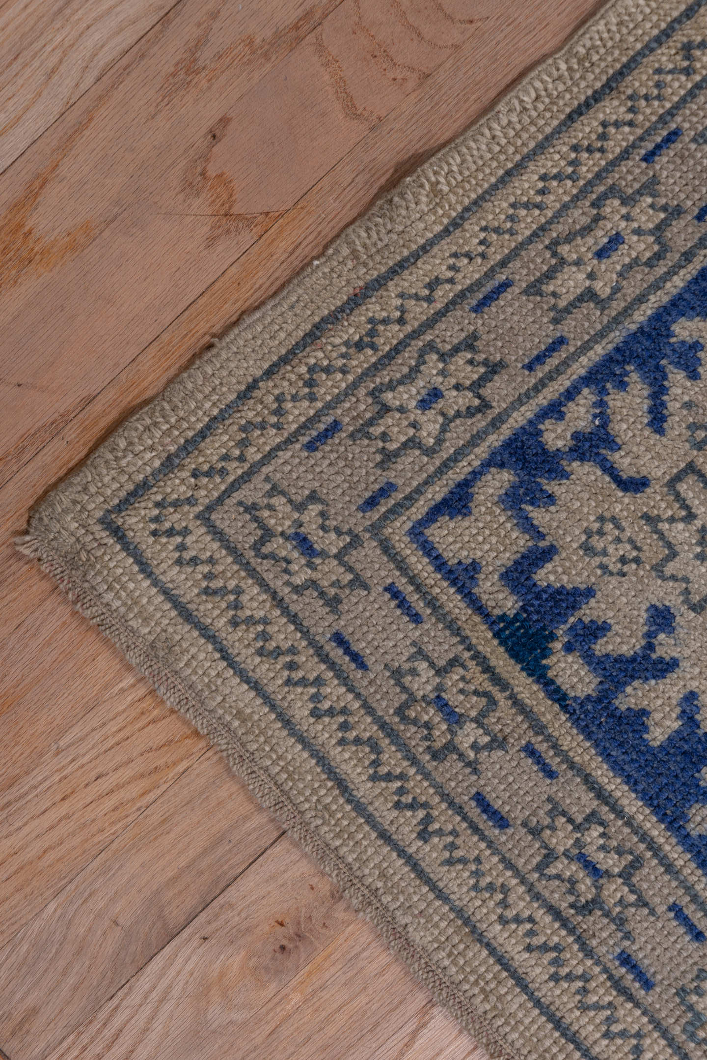 13' x 15' one-of-a-kind handmade antique Oushak oversize rug. Color palette: ivory, cobalt, beige, taupe, slate, blue, gray