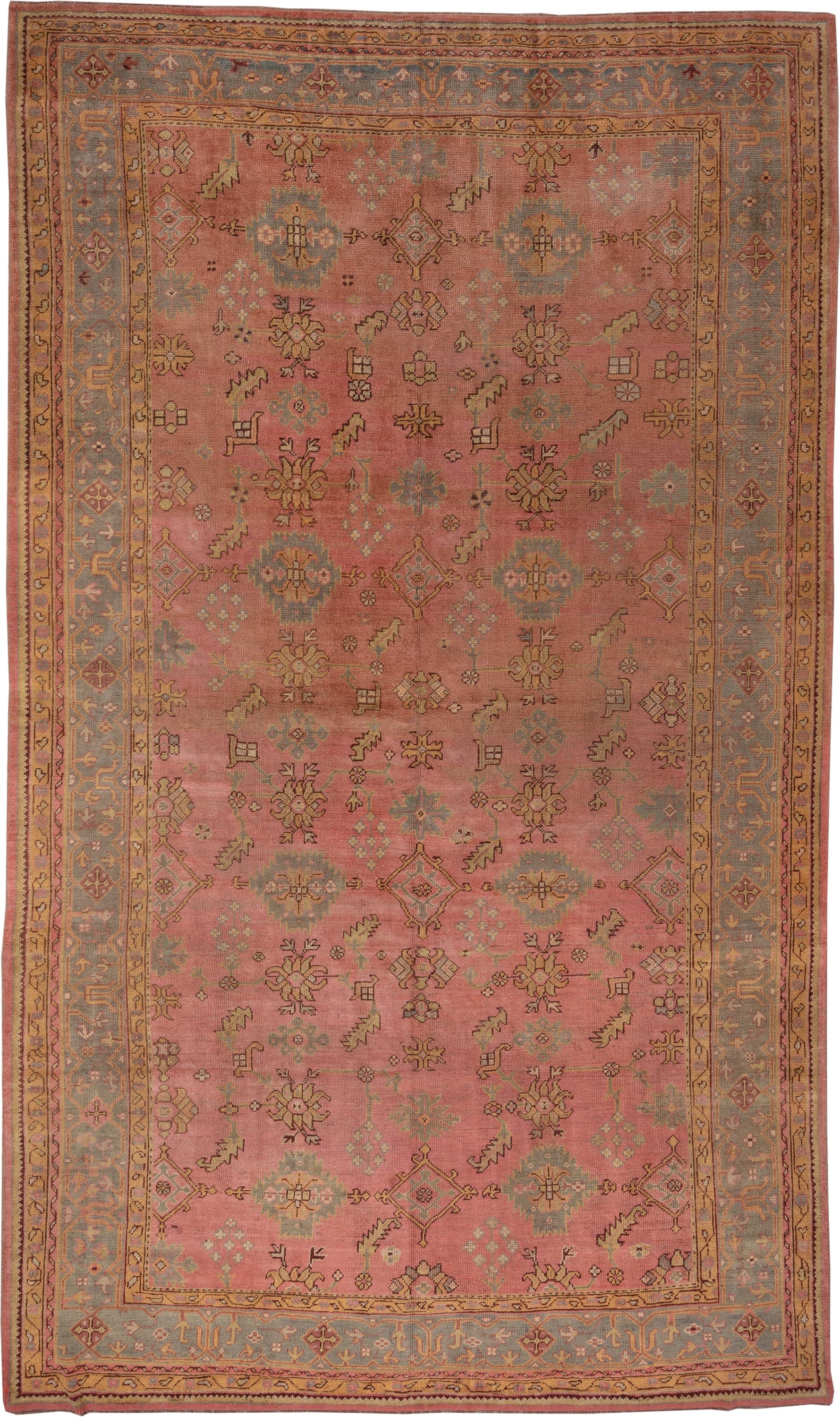 10' x 16' one-of-a-kind handmade antique Oushak rug. Color palette: rose, blue_gray, gold, sage, ivory, terra_cotta, taupe