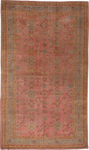 10' x 16' one-of-a-kind handmade antique Oushak rug. Color palette: rose, blue_gray, gold, sage, ivory, terra_cotta, taupe
