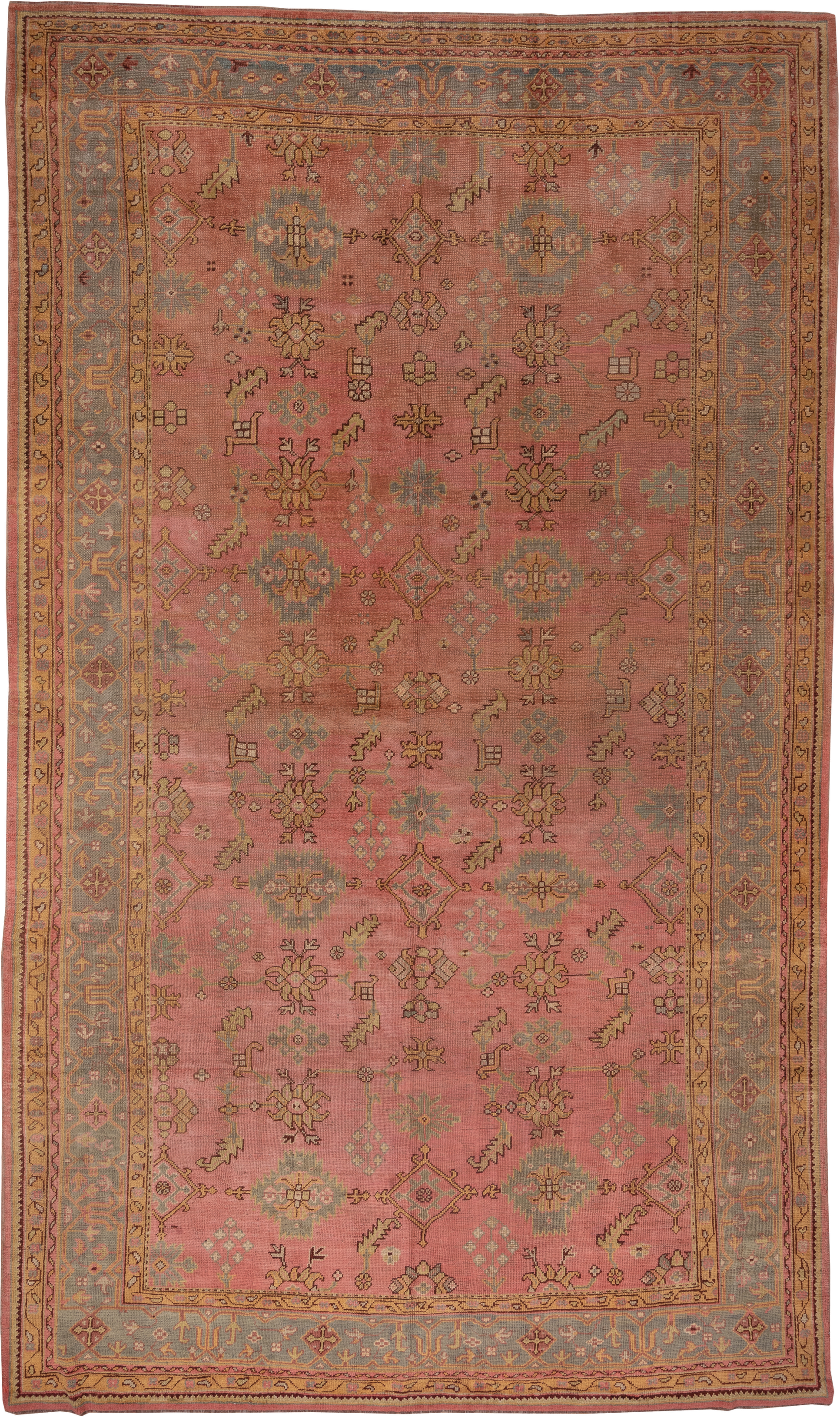 10' x 16' one-of-a-kind handmade antique Oushak rug. Color palette: rose, blue_gray, gold, sage, ivory, terra_cotta, taupe