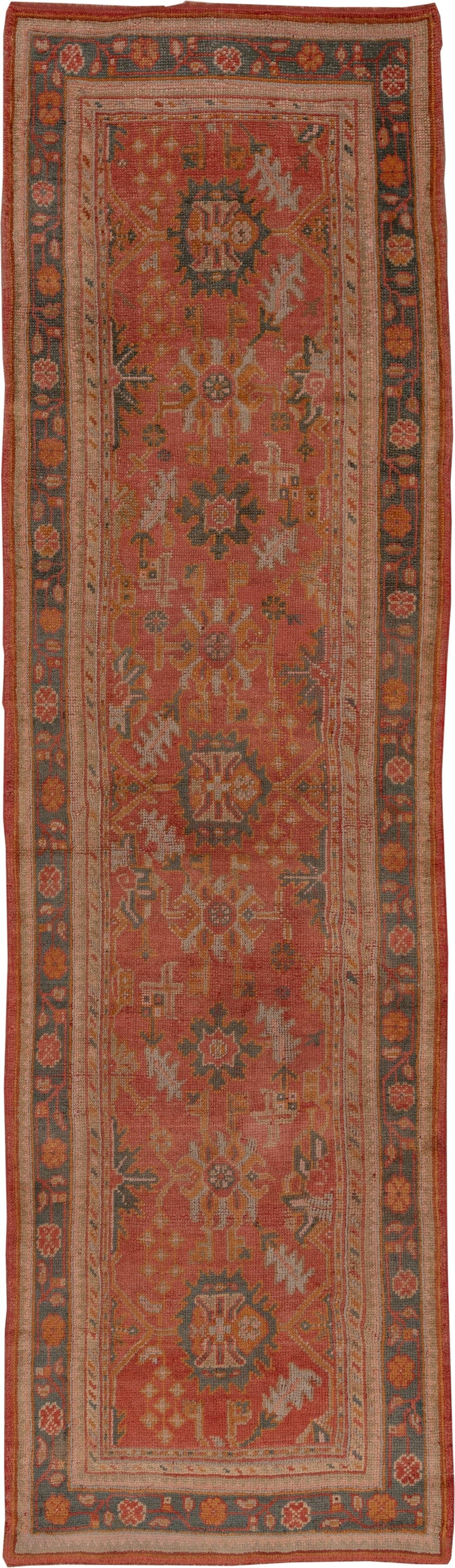 3' x 13' one-of-a-kind handmade antique Oushak runner rug. Color palette: terra cotta, rust, slate, ivory, gold, sage