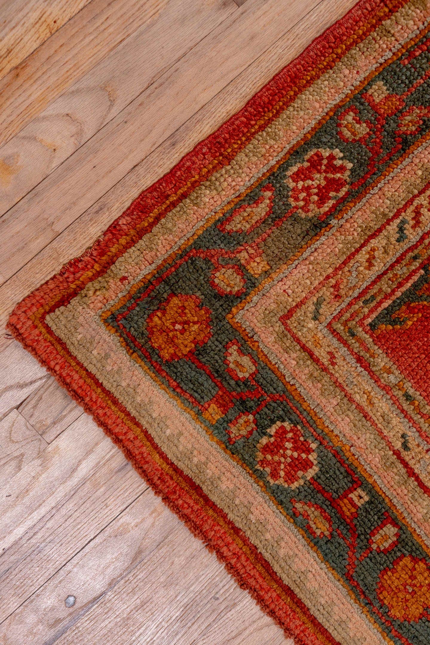 3' x 13' one-of-a-kind handmade antique Oushak runner rug. Color palette: terra cotta, rust, slate, ivory, gold, sage
