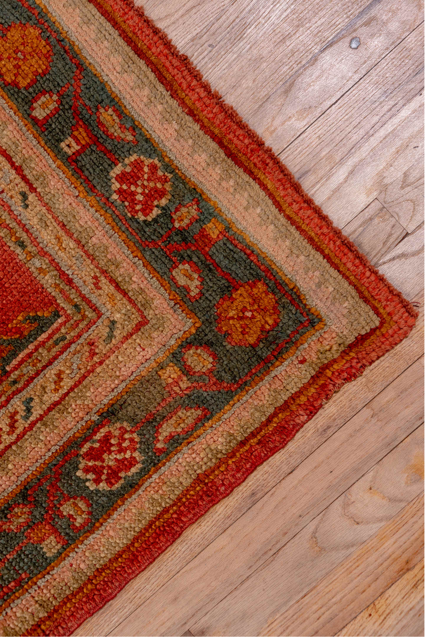 3' x 13' one-of-a-kind handmade antique Oushak runner rug. Color palette: terra cotta, rust, slate, ivory, gold, sage