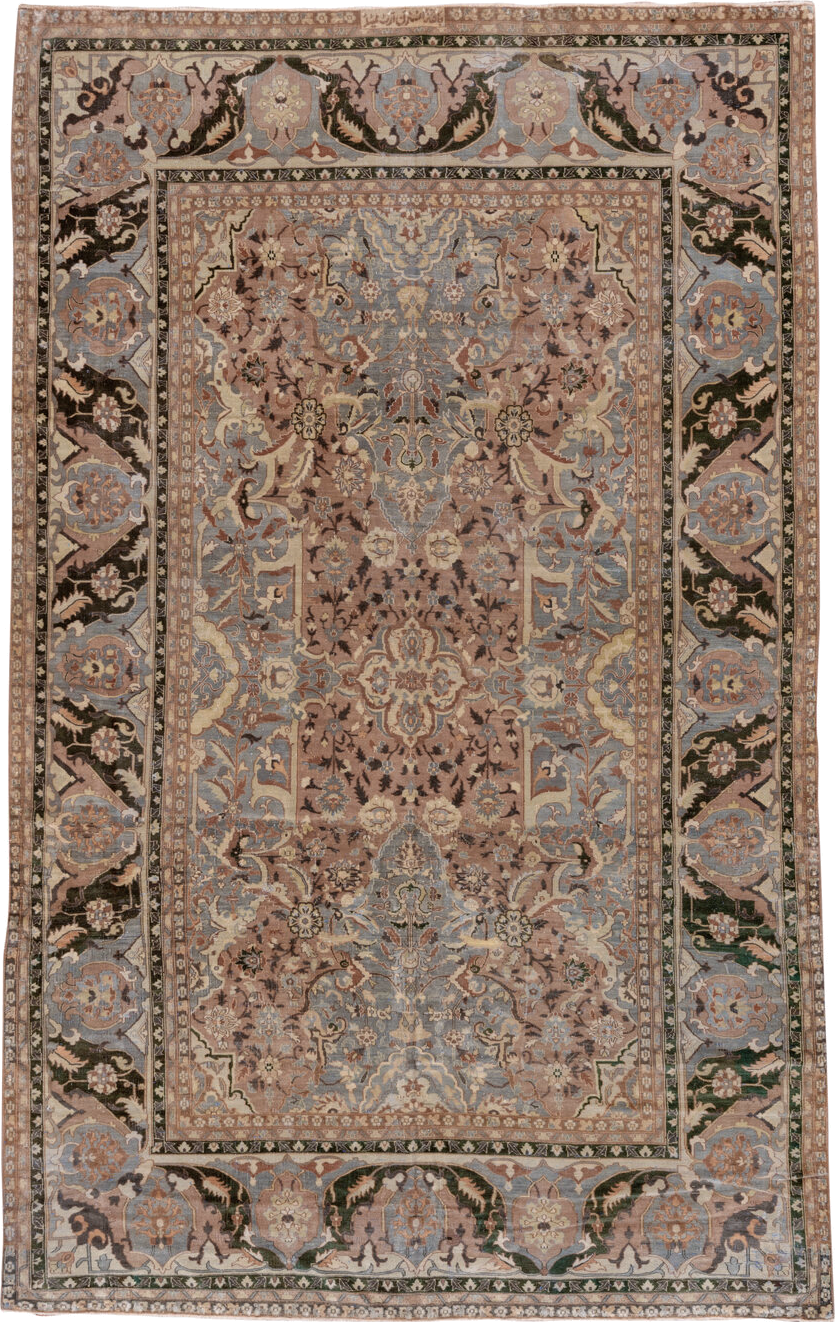 6' x 10' one-of-a-kind handmade antique Polonase large size rug. Color palette: blush, powder_blue, ivory, olive, taupe