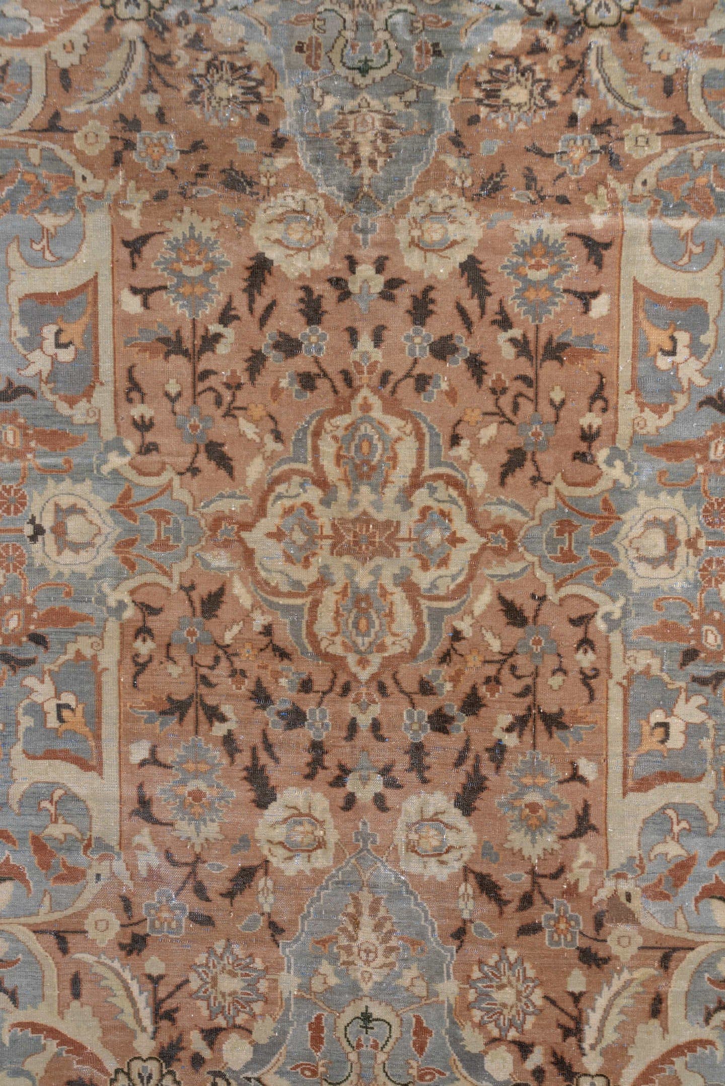 6' x 10' one-of-a-kind handmade antique Polonase large size rug. Color palette: blush, powder_blue, ivory, olive, taupe
