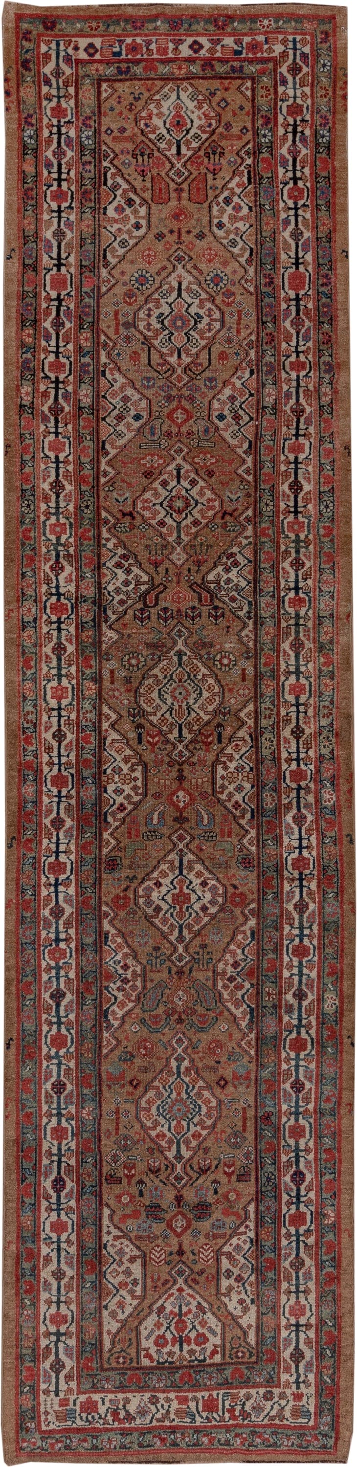 3' x 13' one-of-a-kind handmade antique Cam Hamadan runner rug. Color palette: taupe, rust, ivory, navy, terra cotta, slate