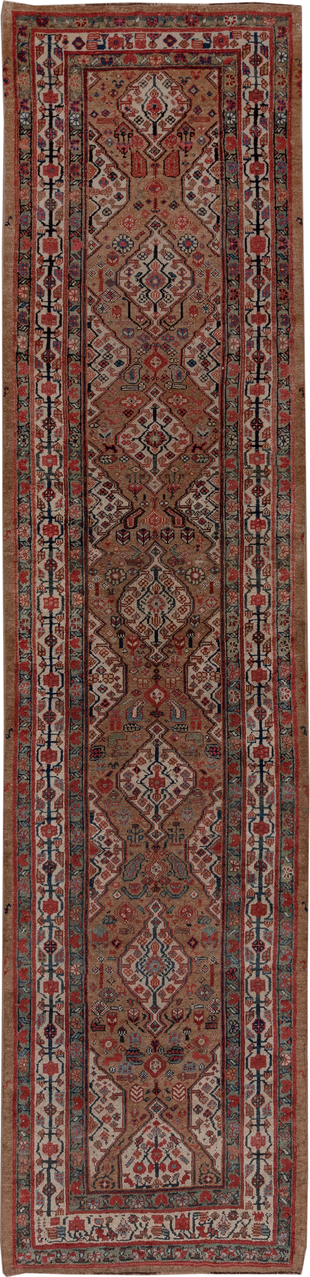 3' x 13' one-of-a-kind handmade antique Cam Hamadan runner rug. Color palette: taupe, rust, ivory, navy, terra cotta, slate
