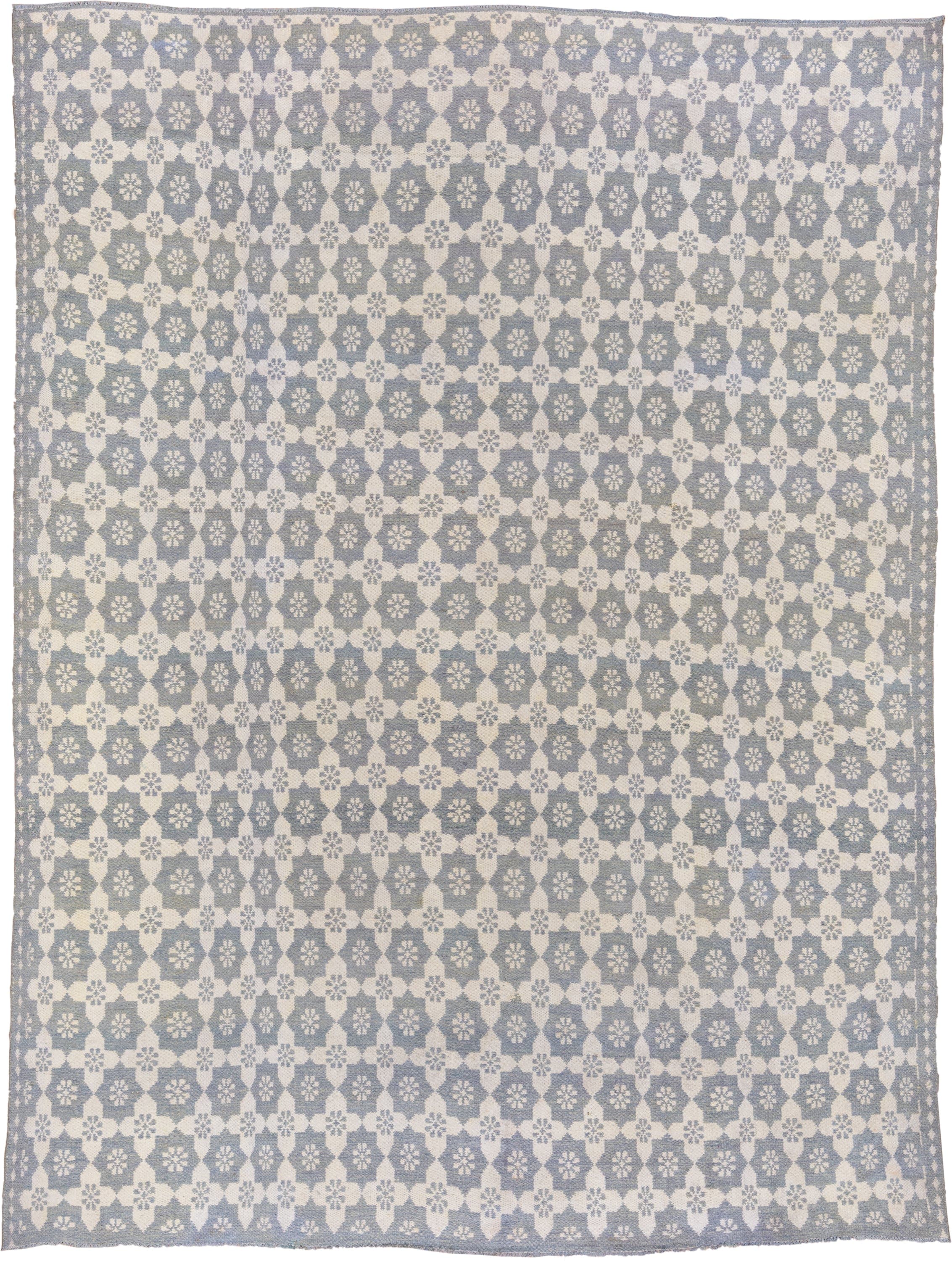 8' x 11' one-of-a-kind handmade antique Kilim large size rug. Color palette: ivory, slate, pale blue, gray, light blue