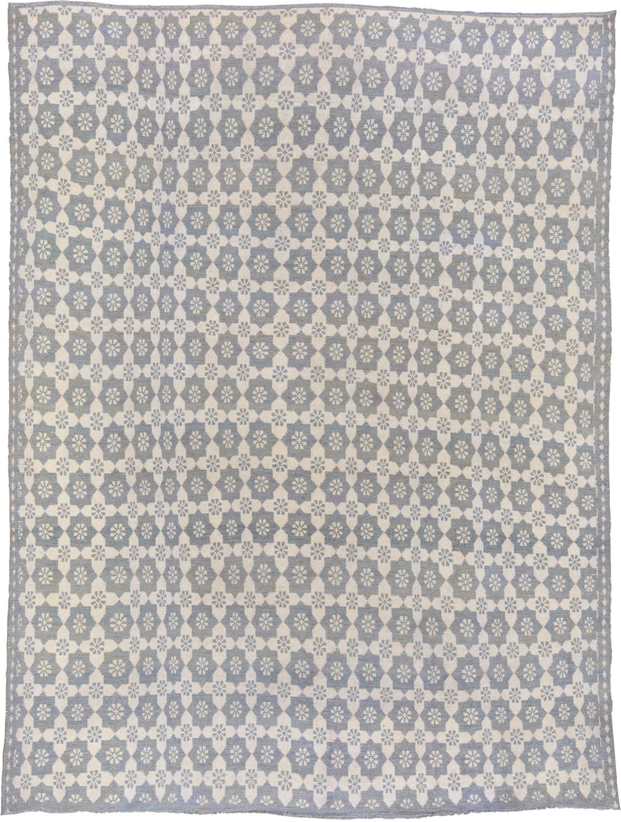 8' x 11' one-of-a-kind handmade antique Kilim large size rug. Color palette: ivory, slate, pale blue, gray, light blue