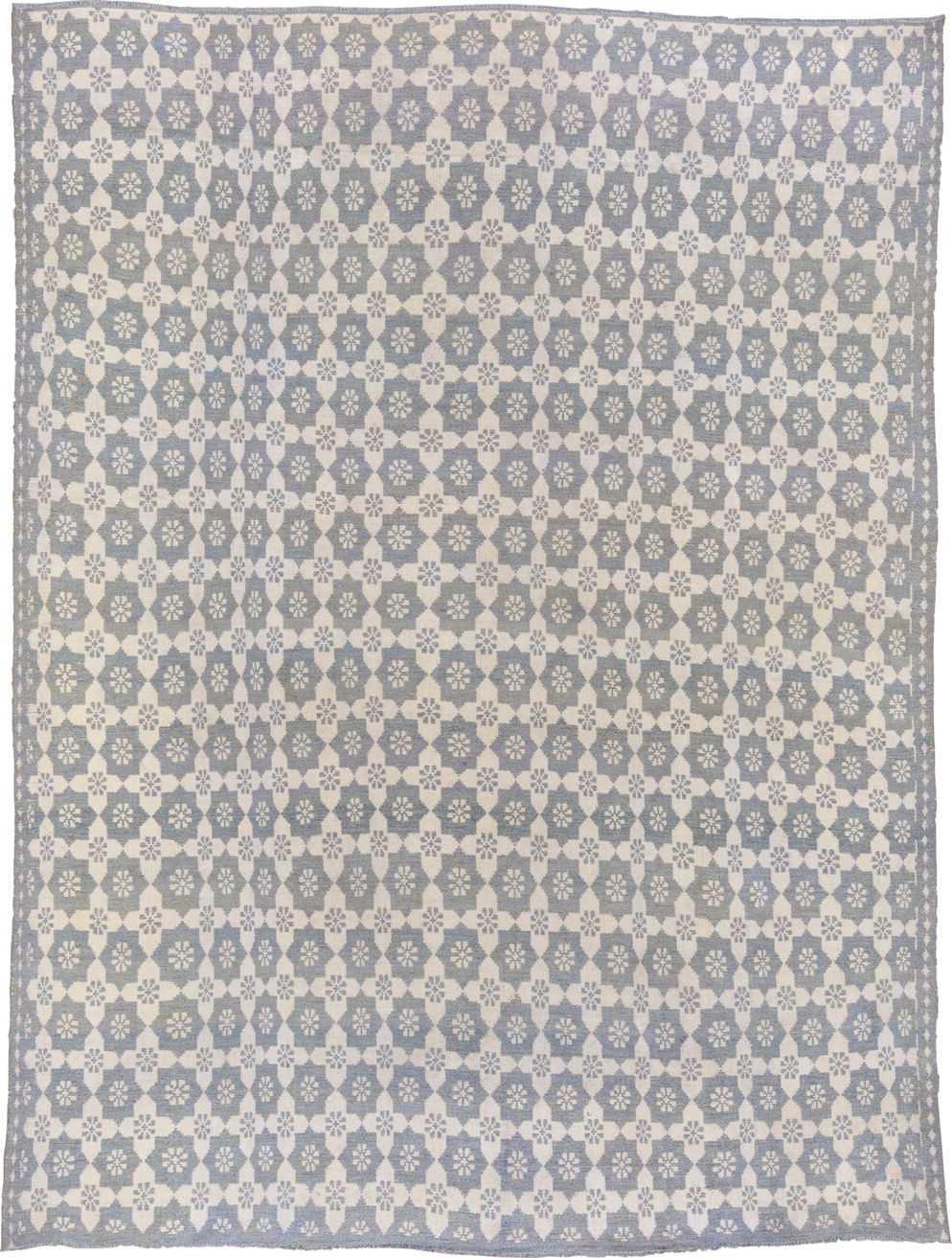 8' x 11' one-of-a-kind handmade antique Kilim large size rug. Color palette: ivory, slate, pale blue, gray, light blue