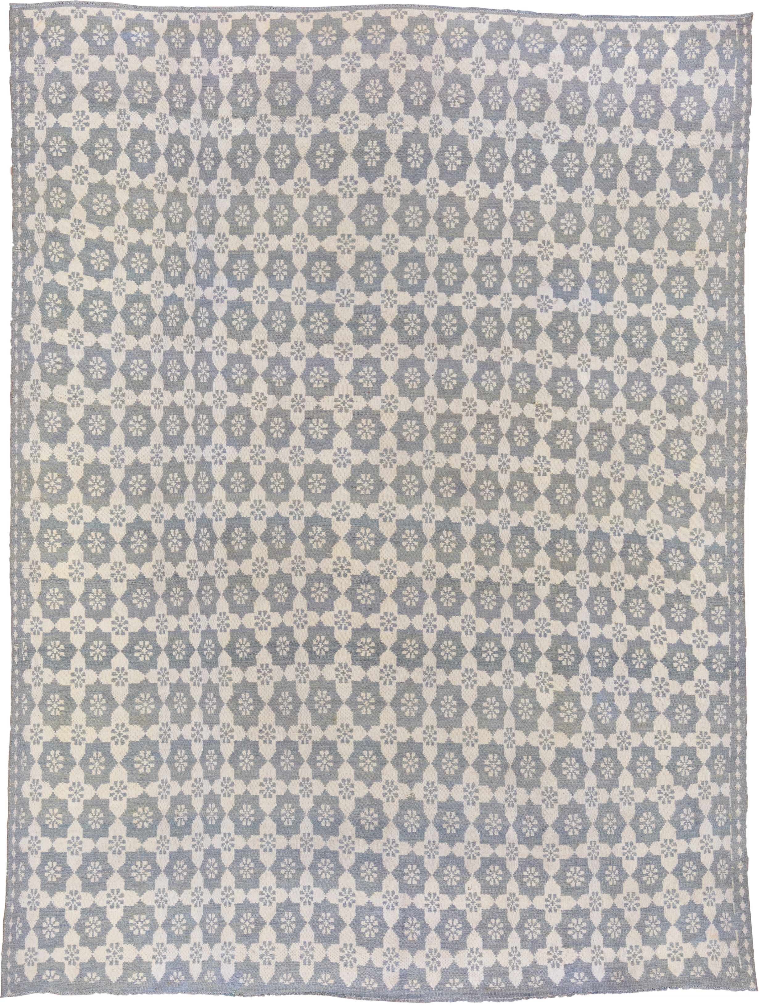 8' x 11' one-of-a-kind handmade antique Kilim large size rug. Color palette: ivory, slate, pale blue, gray, light blue