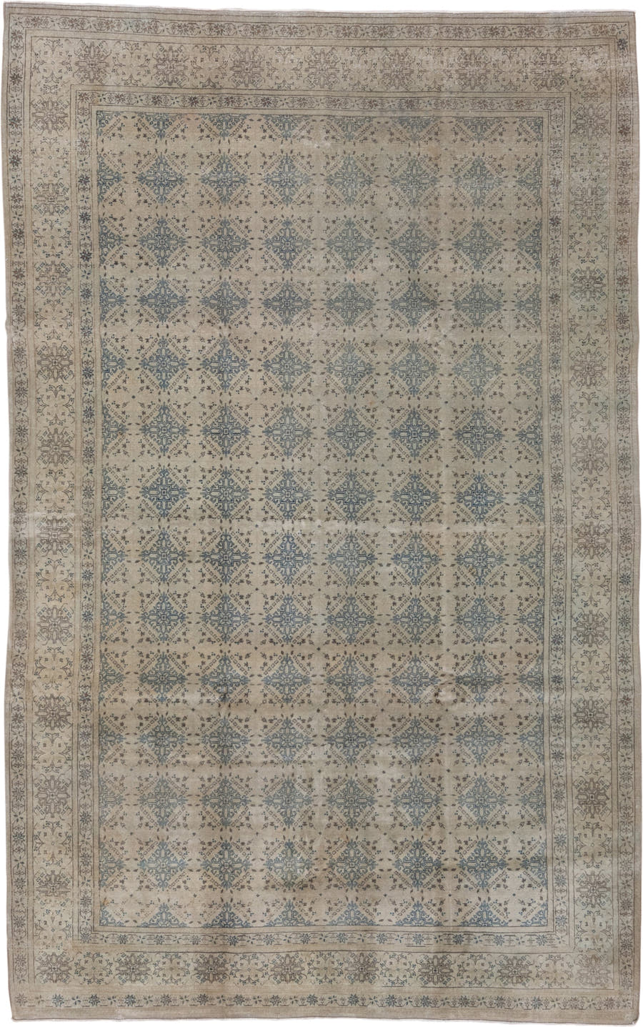 6' x 10' one-of-a-kind handmade antique Sivas large size rug. Color palette: ivory, pale blue, taupe, beige, soft brown