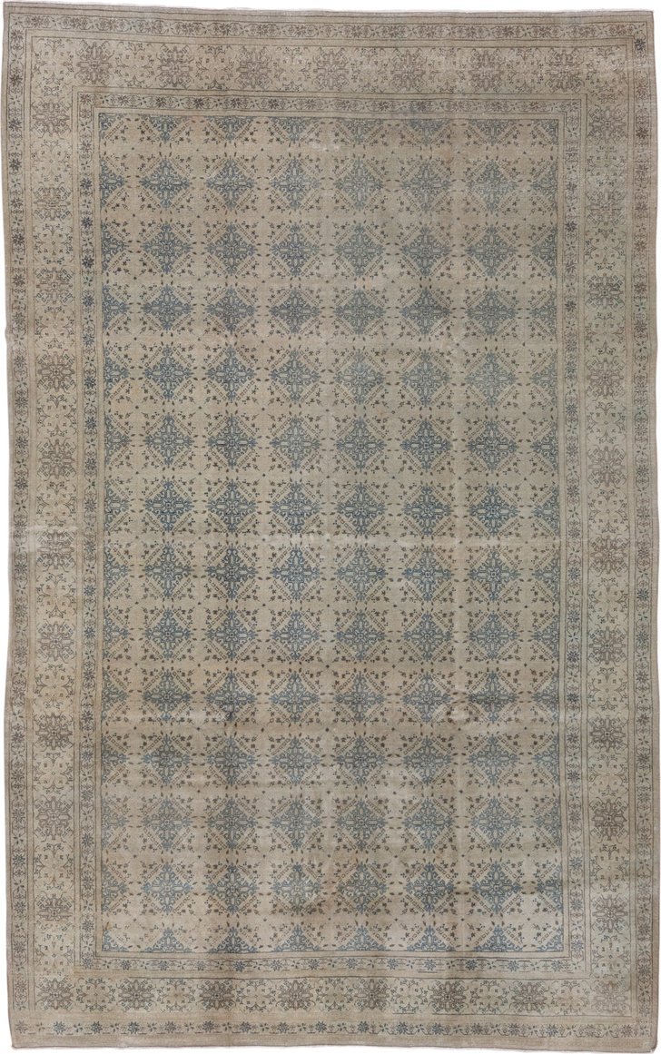 6' x 10' one-of-a-kind handmade antique Sivas large size rug. Color palette: ivory, pale blue, taupe, beige, soft brown