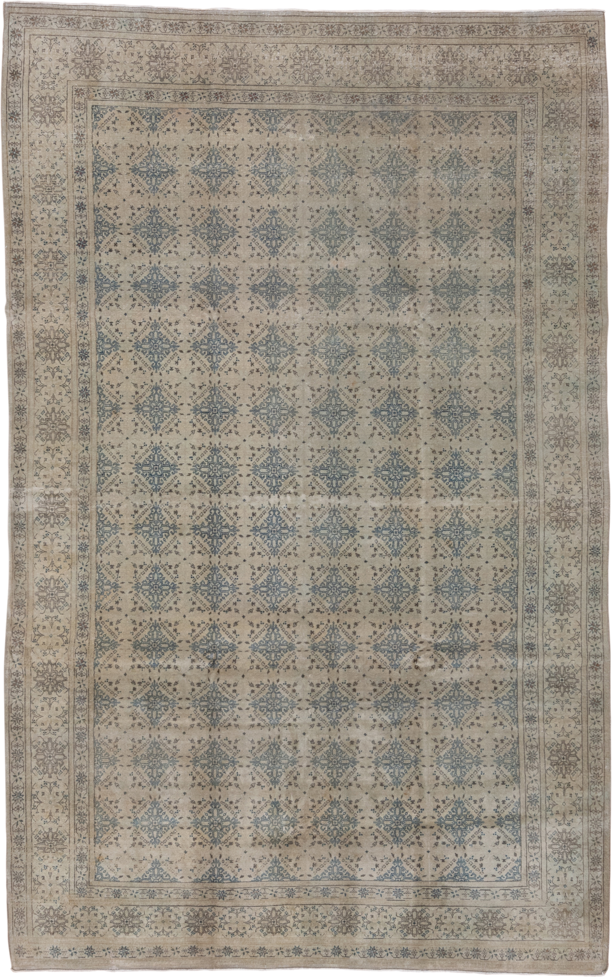 6' x 10' one-of-a-kind handmade antique Sivas large size rug. Color palette: ivory, pale blue, taupe, beige, soft brown