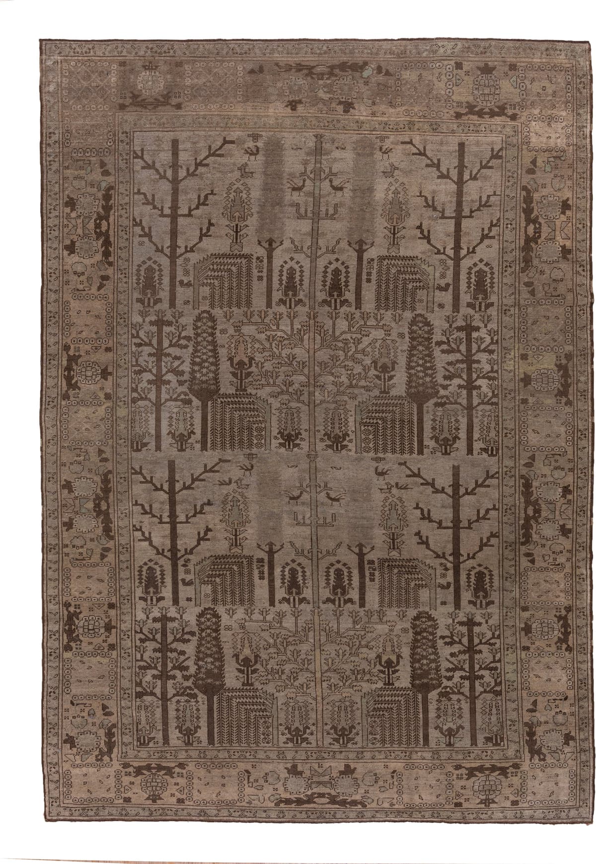 8' x 11' one-of-a-kind handmade antique Oushak large size rug. Color palette: taupe, brown, ivory, camel, charcoal, beige