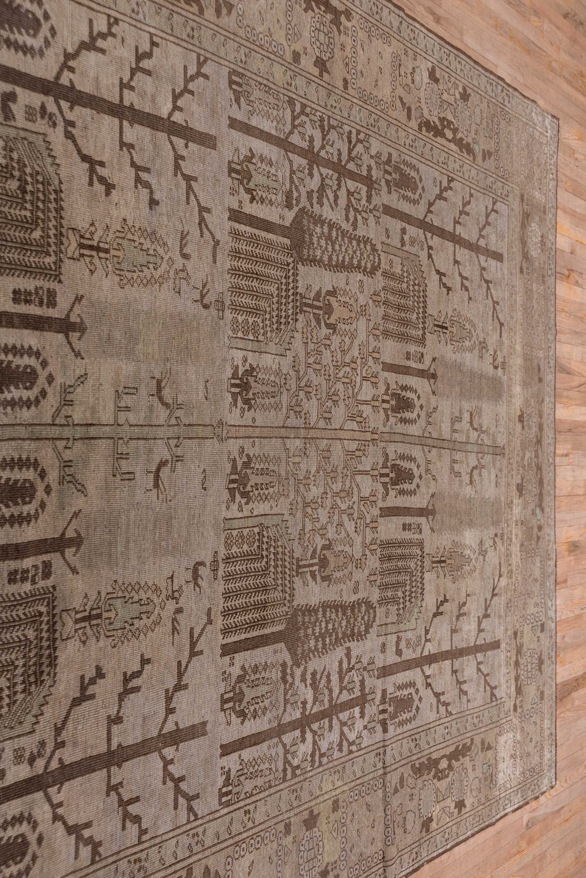 8' x 11' one-of-a-kind handmade antique Oushak large size rug. Color palette: taupe, brown, ivory, camel, charcoal, beige