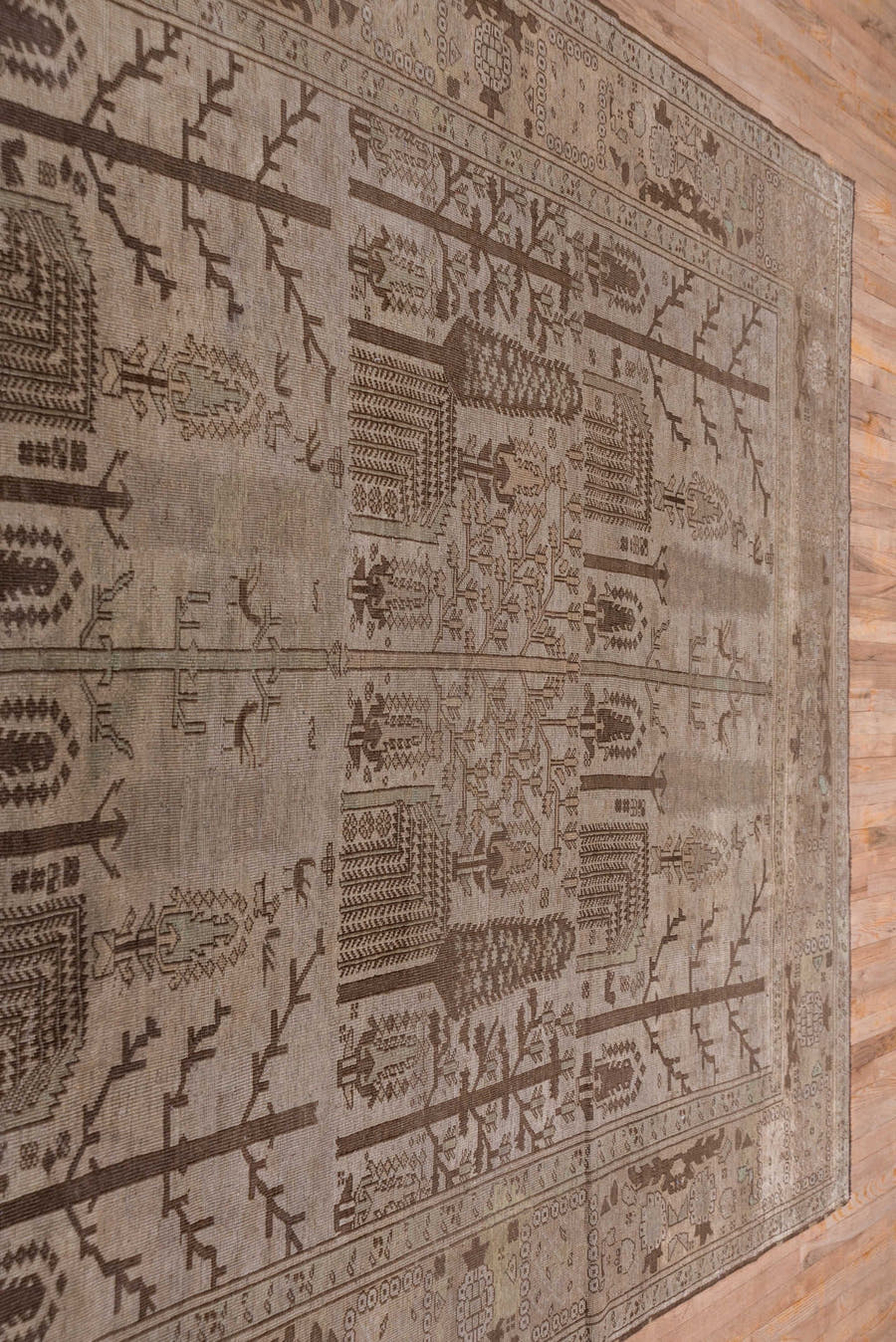 8' x 11' one-of-a-kind handmade antique Oushak large size rug. Color palette: taupe, brown, ivory, camel, charcoal, beige