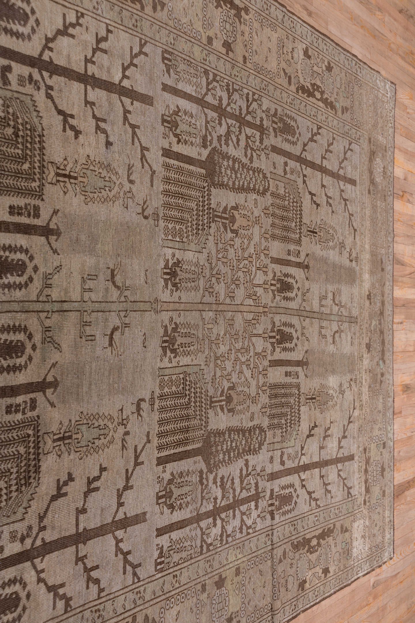 8' x 11' one-of-a-kind handmade antique Oushak large size rug. Color palette: taupe, brown, ivory, camel, charcoal, beige