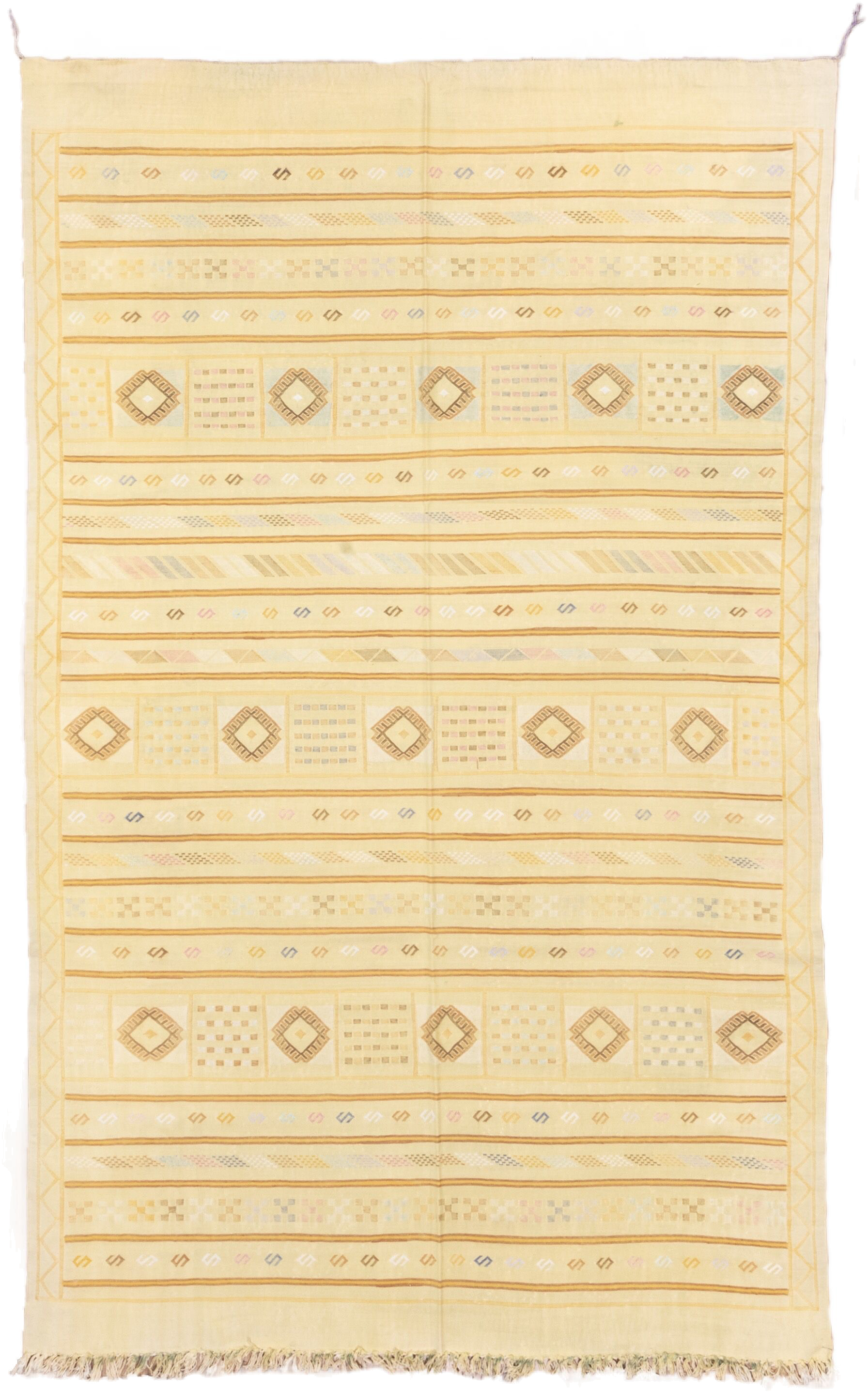 5' x 8' one-of-a-kind handmade vintage Cactus Kilim medium size rug. Color palette: ivory, pale gold, camel, taupe, sage