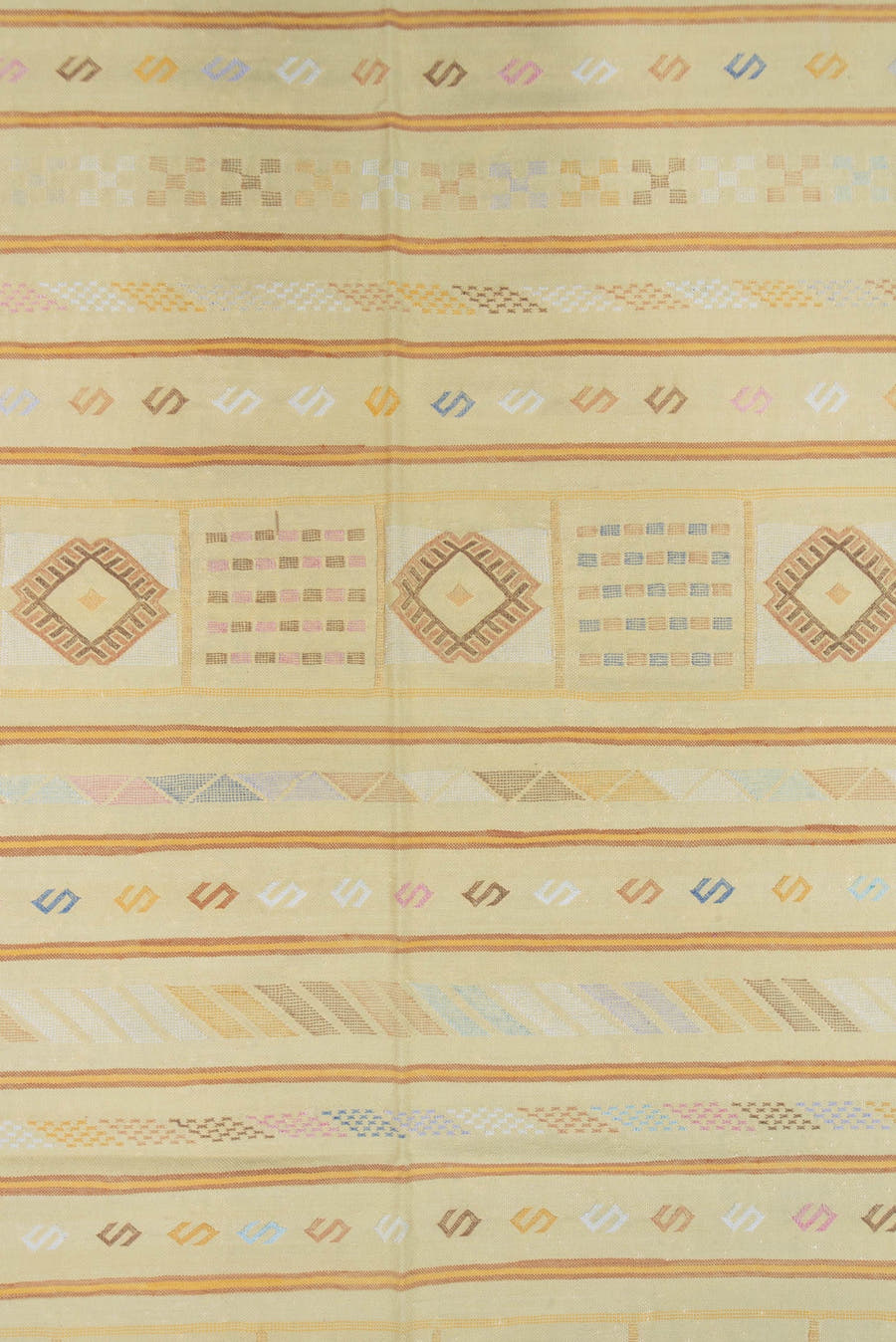 5' x 8' one-of-a-kind handmade vintage Cactus Kilim medium size rug. Color palette: ivory, pale gold, camel, taupe, sage