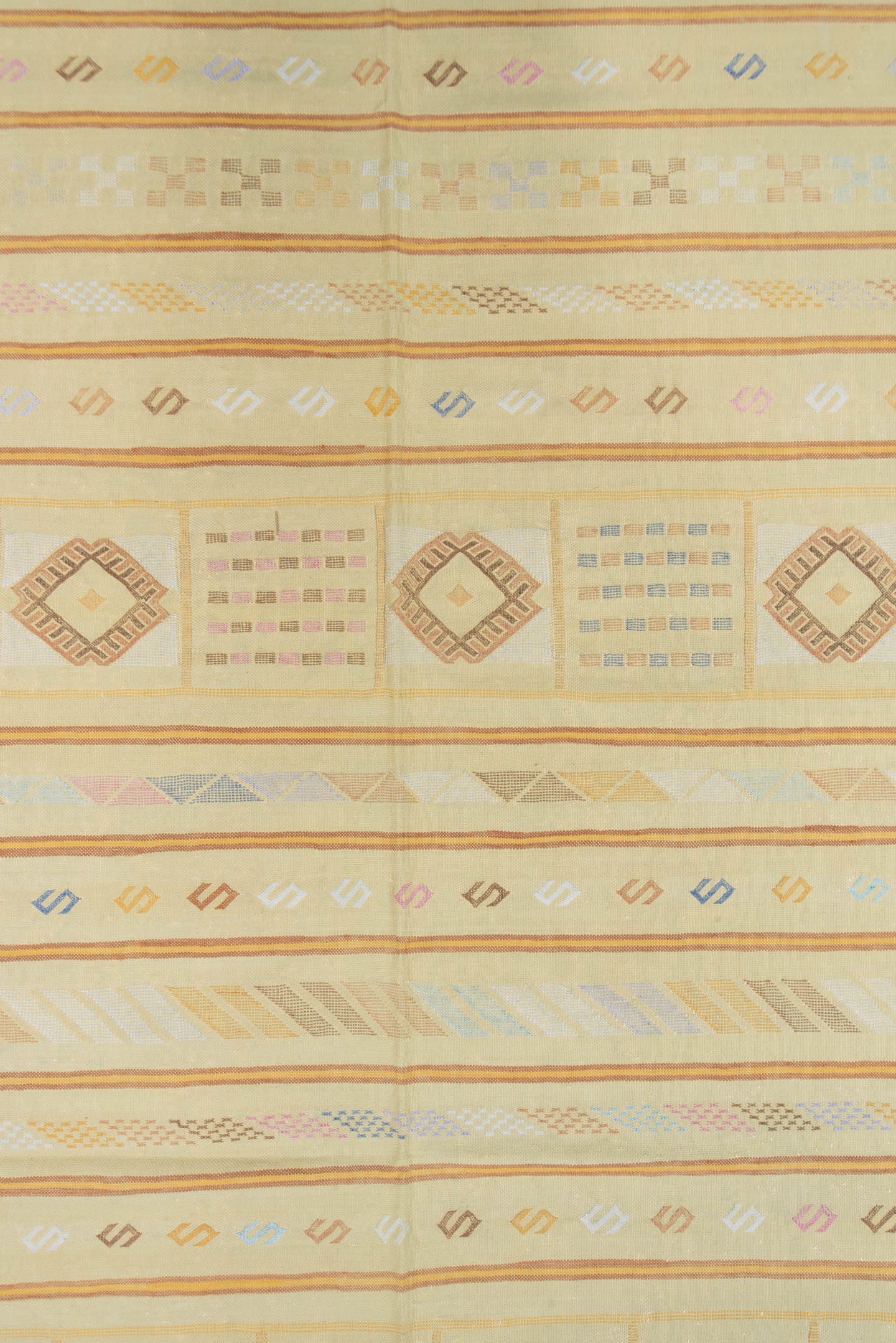 5' x 8' one-of-a-kind handmade vintage Cactus Kilim medium size rug. Color palette: ivory, pale gold, camel, taupe, sage