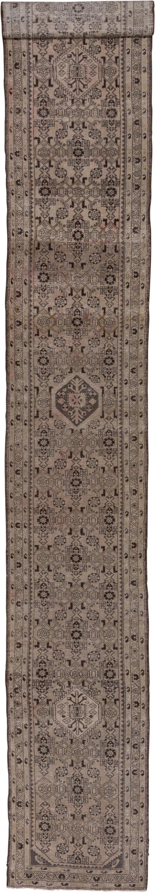 2' x 19' one-of-a-kind handmade antique Malayer runner rug. Color palette: taupe, brown, charcoal, ivory, camel, beige, gray