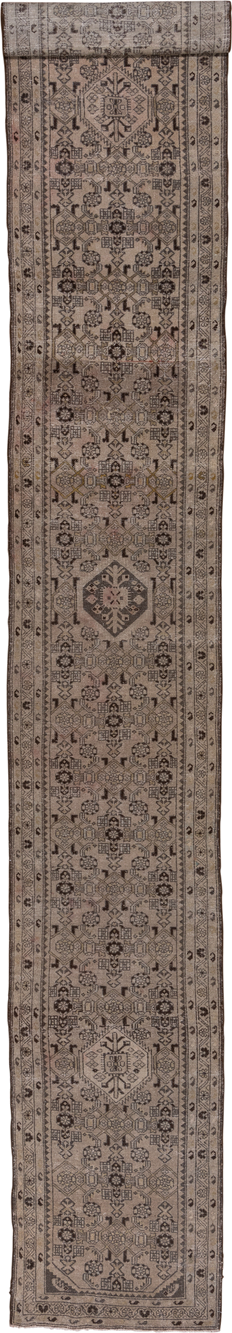 2' x 19' one-of-a-kind handmade antique Malayer runner rug. Color palette: taupe, brown, charcoal, ivory, camel, beige, gray