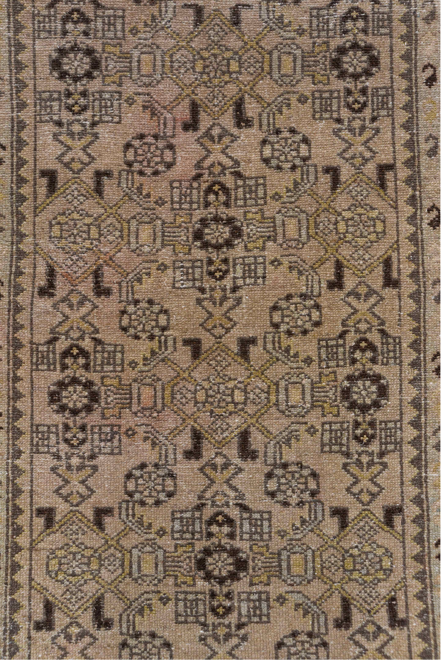2' x 19' one-of-a-kind handmade antique Malayer runner rug. Color palette: taupe, brown, charcoal, ivory, camel, beige, gray