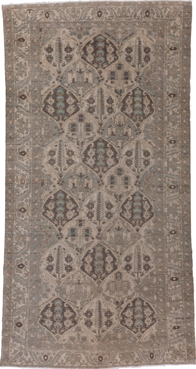 5' x 9' one-of-a-kind handmade vintage Baktiary medium size rug. Color palette: brown, gray, light gray, off-white, pink