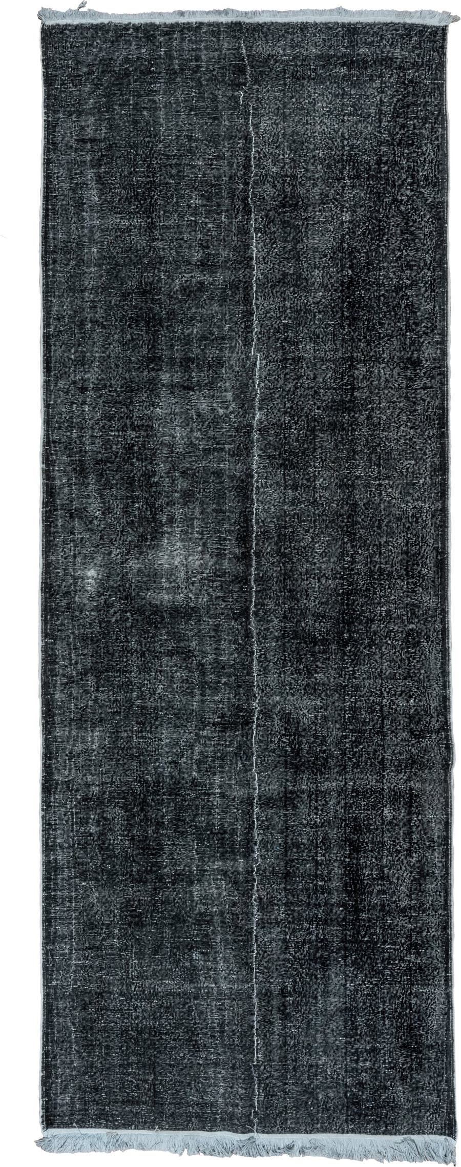 4' x 11' one-of-a-kind handmade vintage Overdyed runner rug. Color palette: charcoal, slate, ivory, gray, black