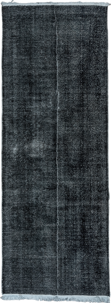 4' x 11' one-of-a-kind handmade vintage Overdyed runner rug. Color palette: black, blue, dark gray, dim gray, gray