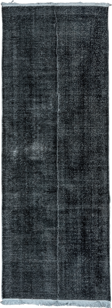 4' x 11' one-of-a-kind handmade vintage Overdyed runner rug. Color palette: charcoal, slate, ivory, gray, black