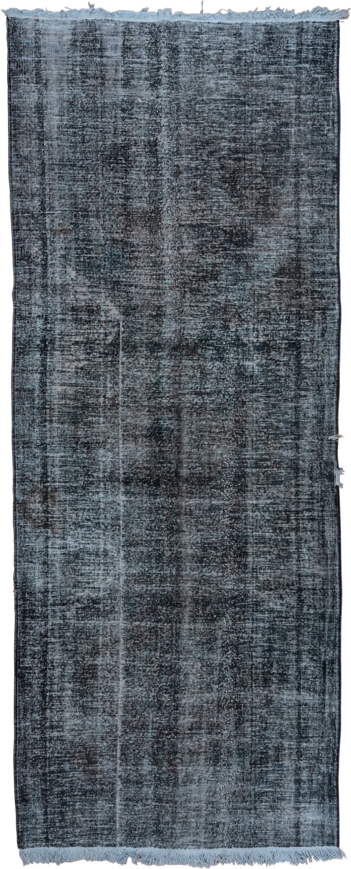 5' x 12' one-of-a-kind handmade vintage Sparta rug. Color palette: charcoal, slate, steel_blue, gray, black, blue
