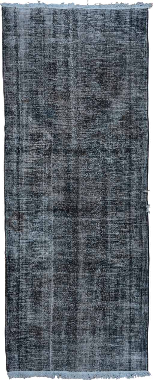 5' x 12' one-of-a-kind handmade vintage Sparta rug. Color palette: black, blue, gray, light blue, light gray, off-white