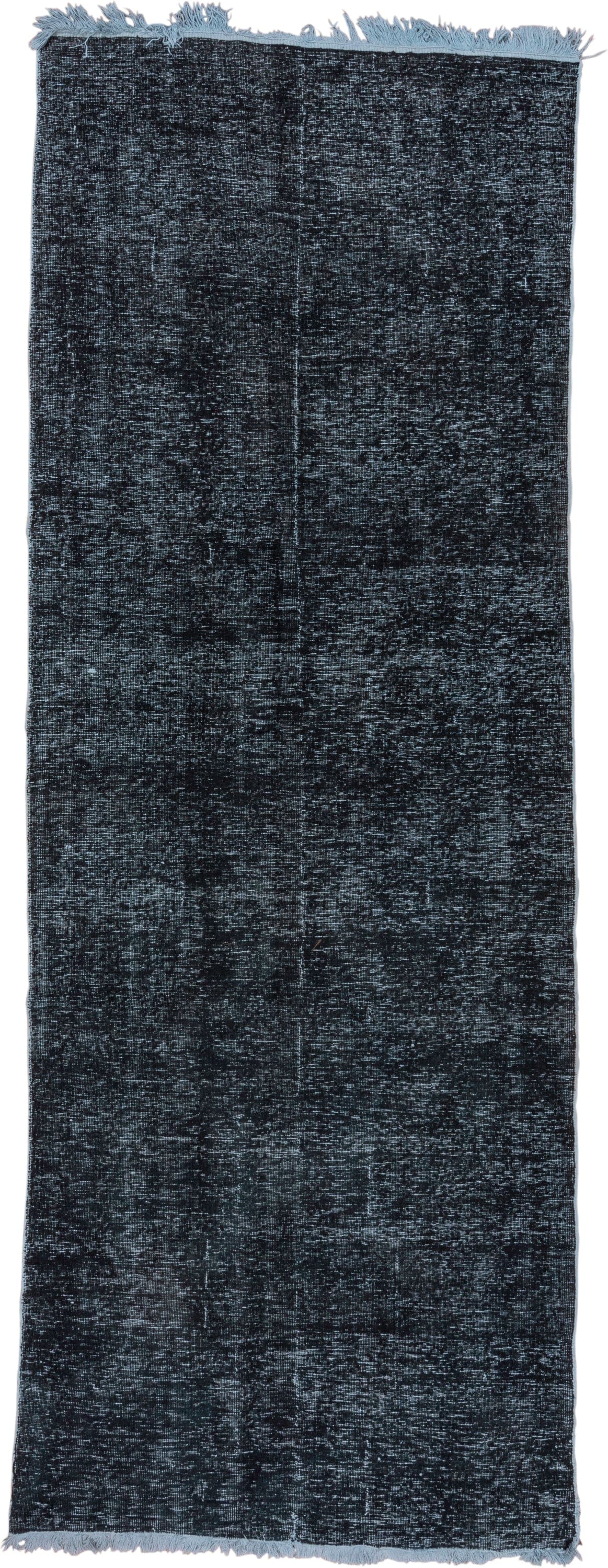 4' x 12' one-of-a-kind handmade vintage Overdyed runner rug. Color palette: charcoal, slate, blue, steel, gray, black