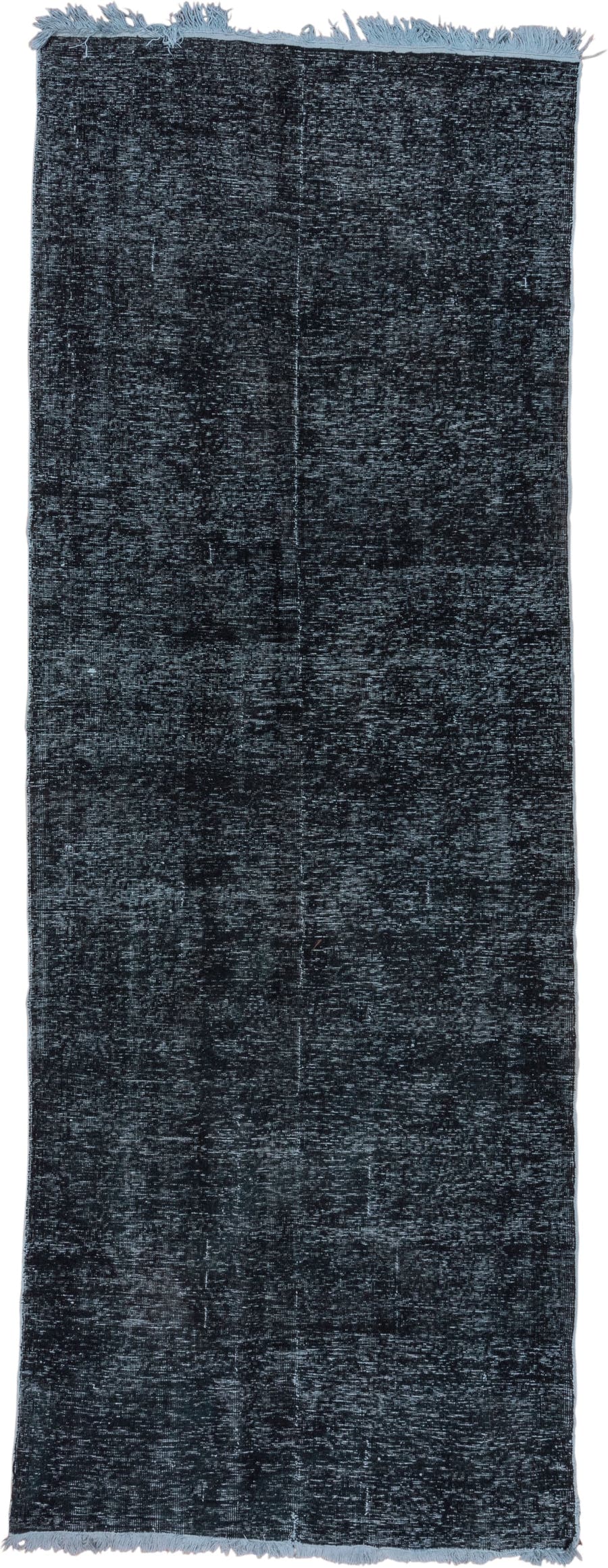 4' x 12' one-of-a-kind handmade vintage Overdyed runner rug. Color palette: charcoal, slate, blue, steel, gray, black
