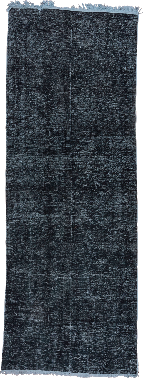 4' x 12' one-of-a-kind handmade vintage Overdyed runner rug. Color palette: black, blue, gray, light blue, light slate gray