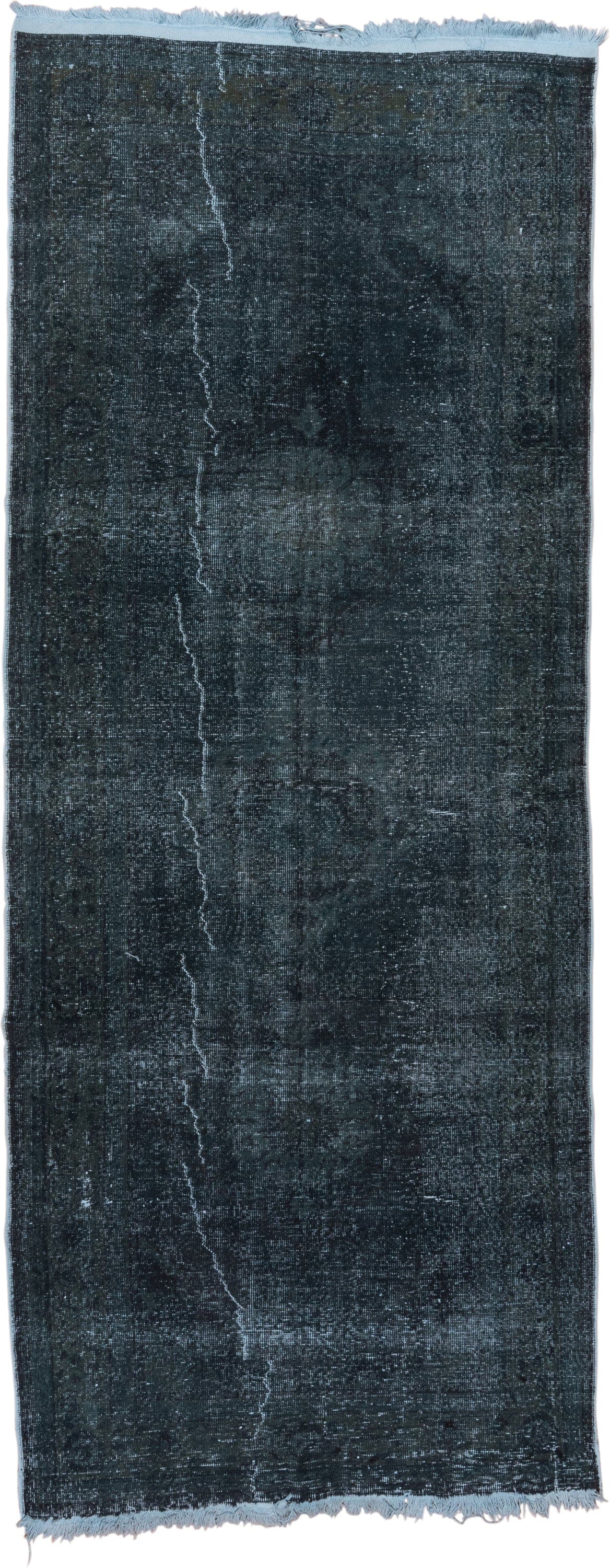 4' x 11' one-of-a-kind handmade vintage Overdyed runner rug. Color palette: charcoal, slate, blue, ivory, gray, black