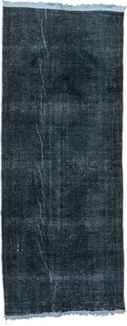 4' x 11' one-of-a-kind handmade vintage Overdyed runner rug. Color palette: charcoal, slate, blue, ivory, gray, black