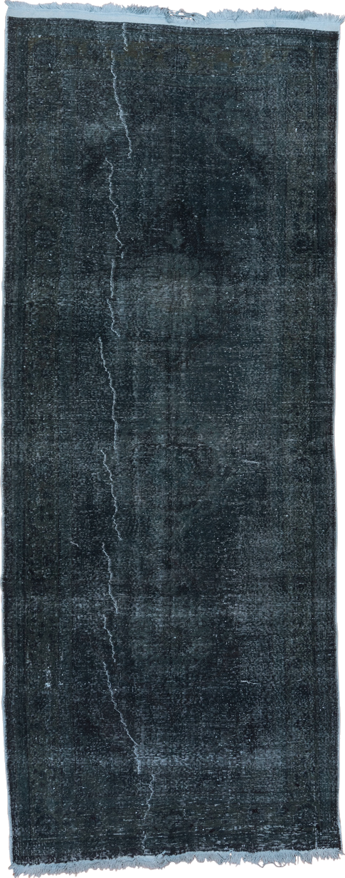 4' x 11' one-of-a-kind handmade vintage Overdyed runner rug. Color palette: black, blue, charcoal, gray, light blue
