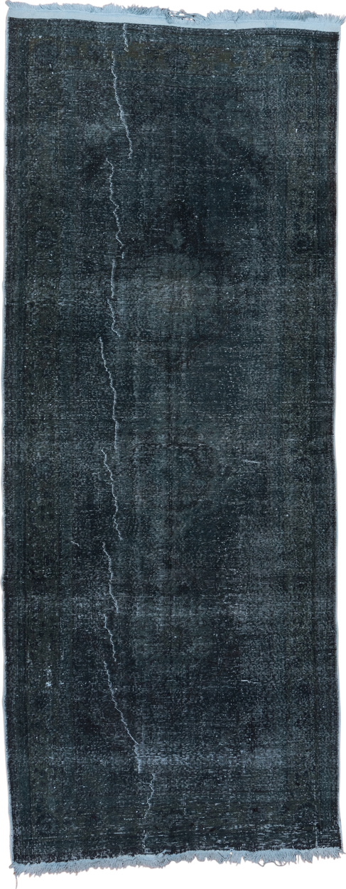 4' x 11' one-of-a-kind handmade vintage Overdyed runner rug. Color palette: charcoal, slate, blue, ivory, gray, black