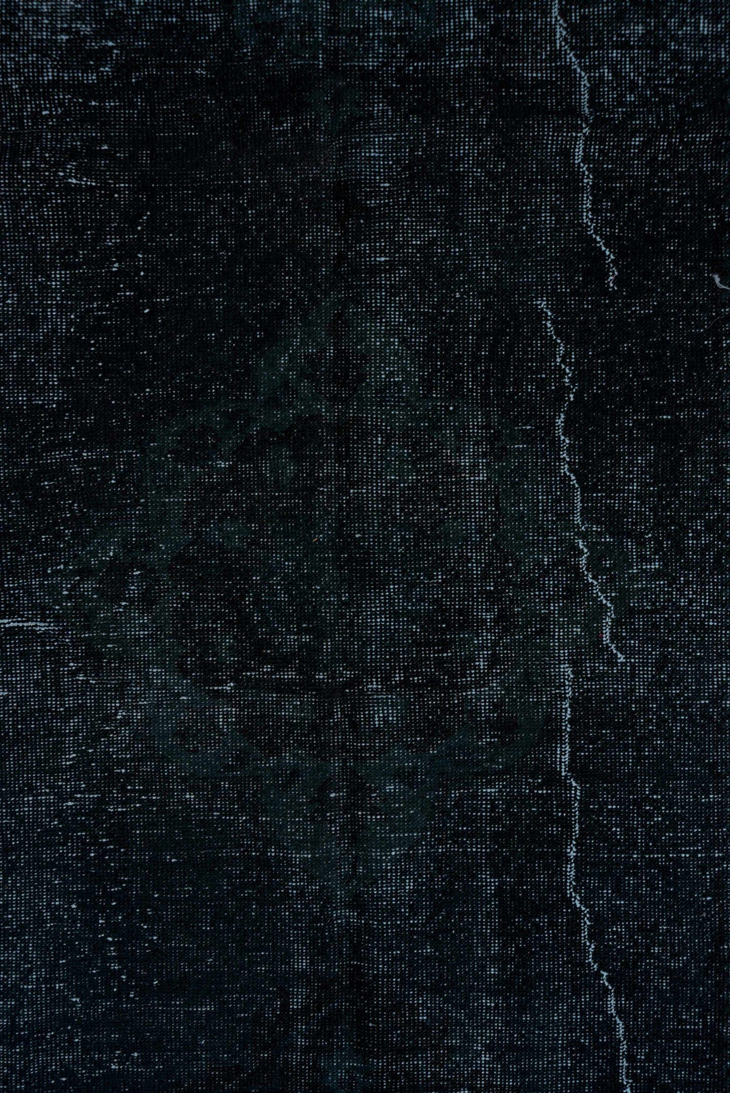 4' x 11' one-of-a-kind handmade vintage Overdyed runner rug. Color palette: charcoal, slate, blue, ivory, gray, black